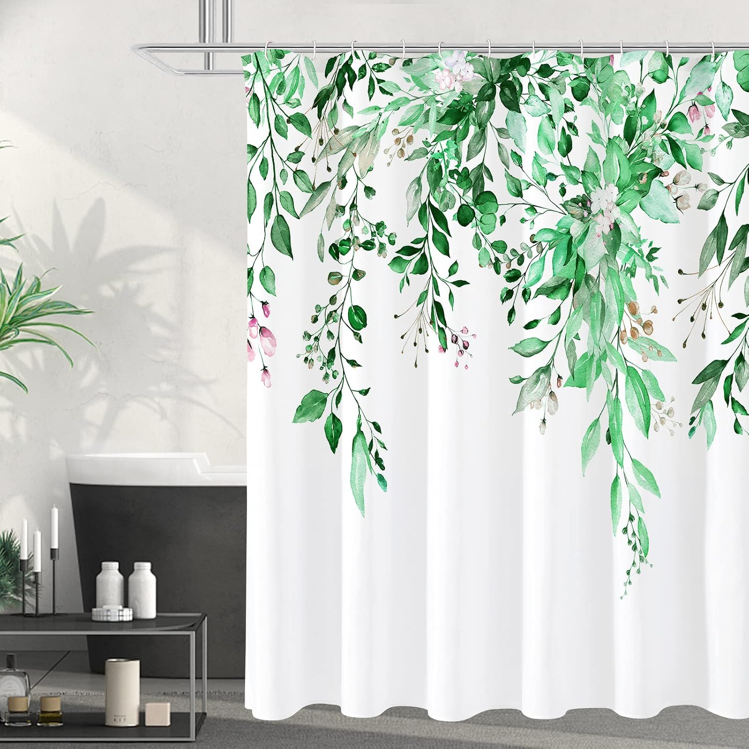 Bathveil Gray Eucalyptus Shower Curtain, Watercolor Plant Floral Design, Gray White, 72 x 72 in