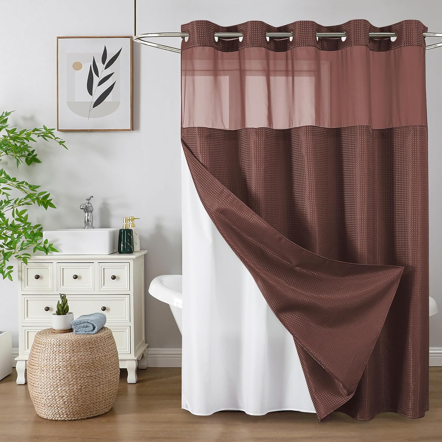 Bathveil No-Hook Shower Curtain Set, Waffle Weave, Mesh Top Window, Waterproof, 72 x 75 in, Sage Green