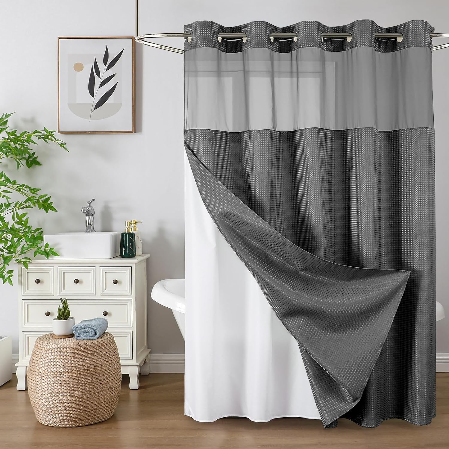 Bathveil No-Hook Shower Curtain Set, Waffle Weave, Mesh Top Window, Waterproof, 72 x 75 in, Sage Green