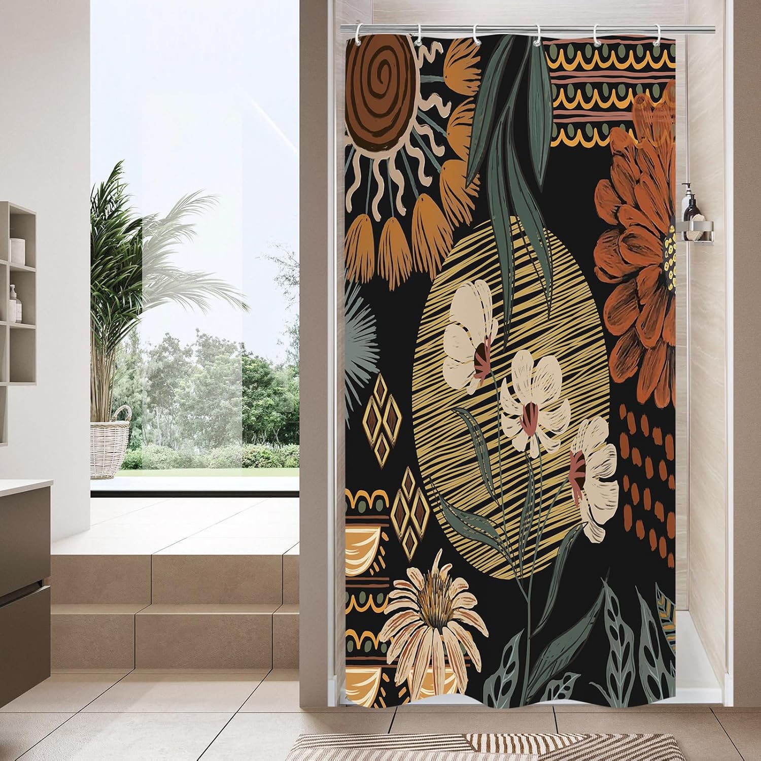Bathveil Boho Floral Shower Curtain, Colorful Abstract Flower Pattern, 72 x 72 in