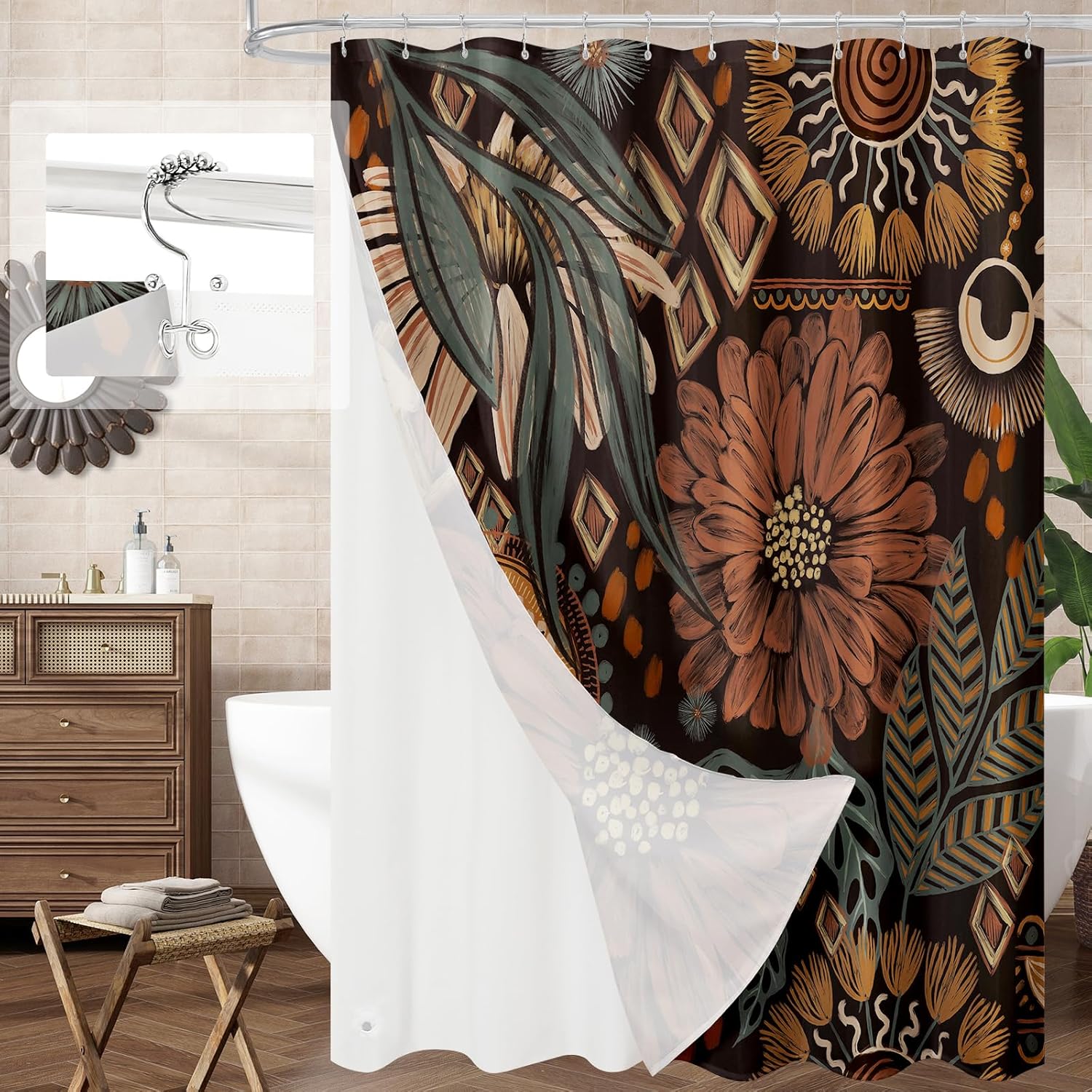 Bathveil Boho Floral Shower Curtain, Colorful Abstract Flower Pattern, 72 x 72 in