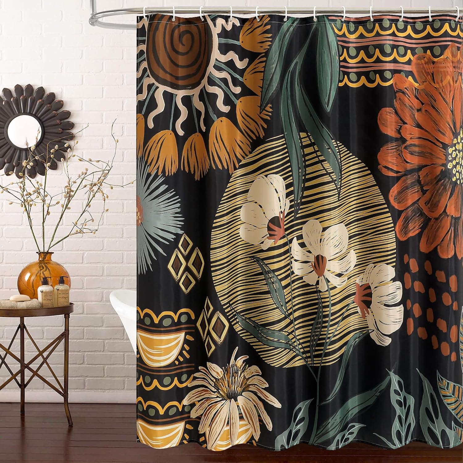 Bathveil Boho Floral Shower Curtain, Colorful Abstract Flower Pattern, 72 x 72 in