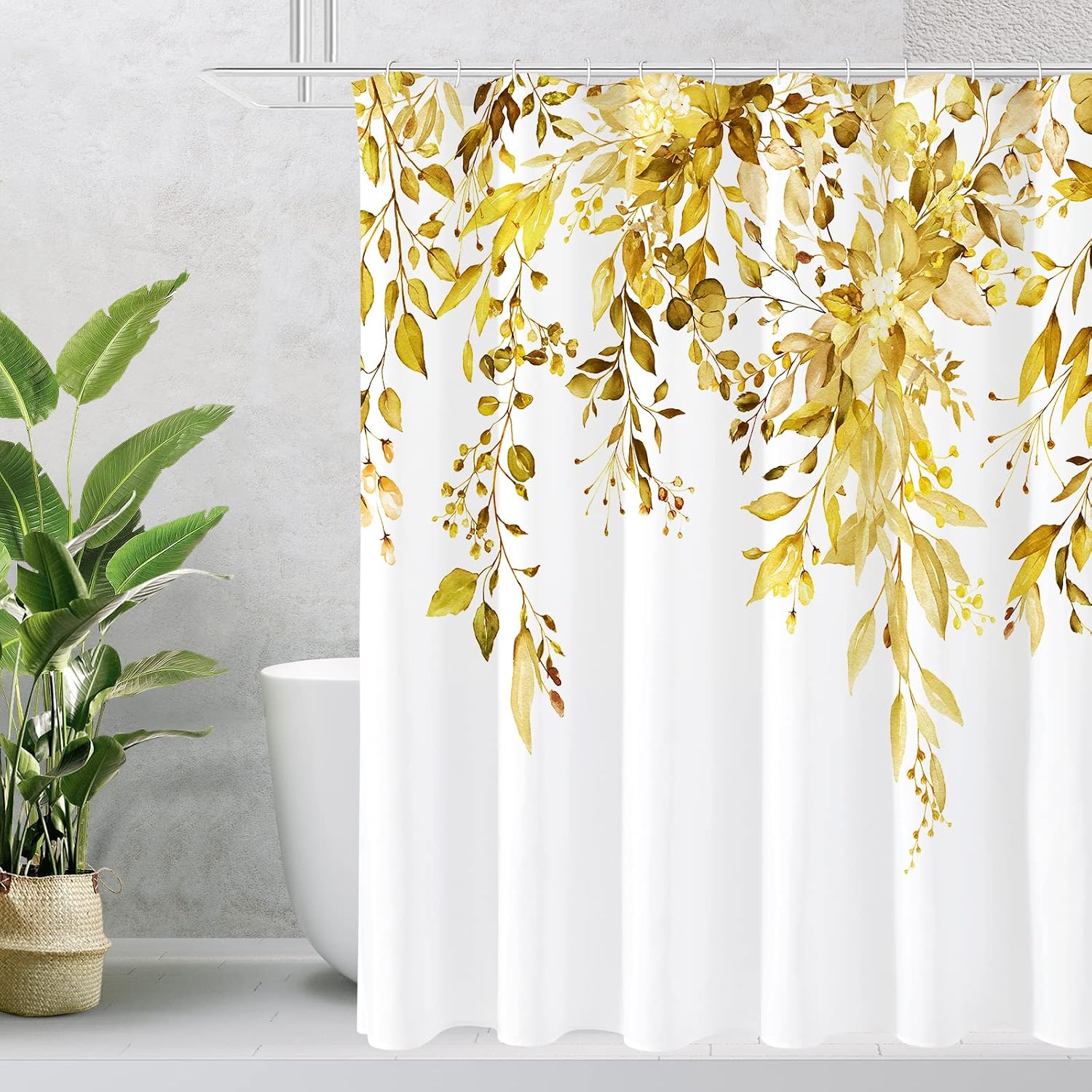 Bathveil Gray Eucalyptus Shower Curtain, Watercolor Plant Floral Design, Gray White, 72 x 72 in