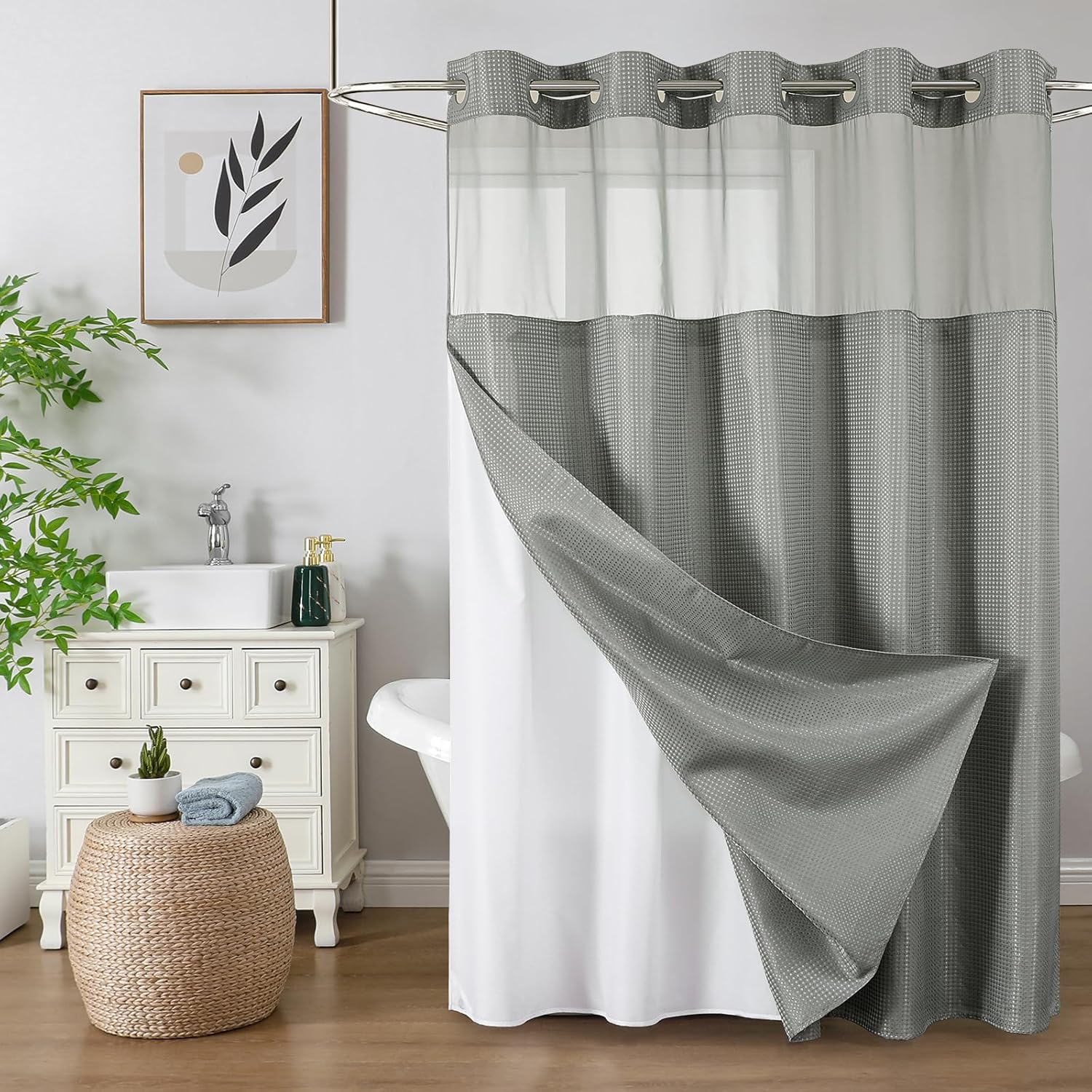 Bathveil No-Hook Shower Curtain Set, Waffle Weave, Mesh Top Window, Waterproof, 72 x 75 in, Sage Green
