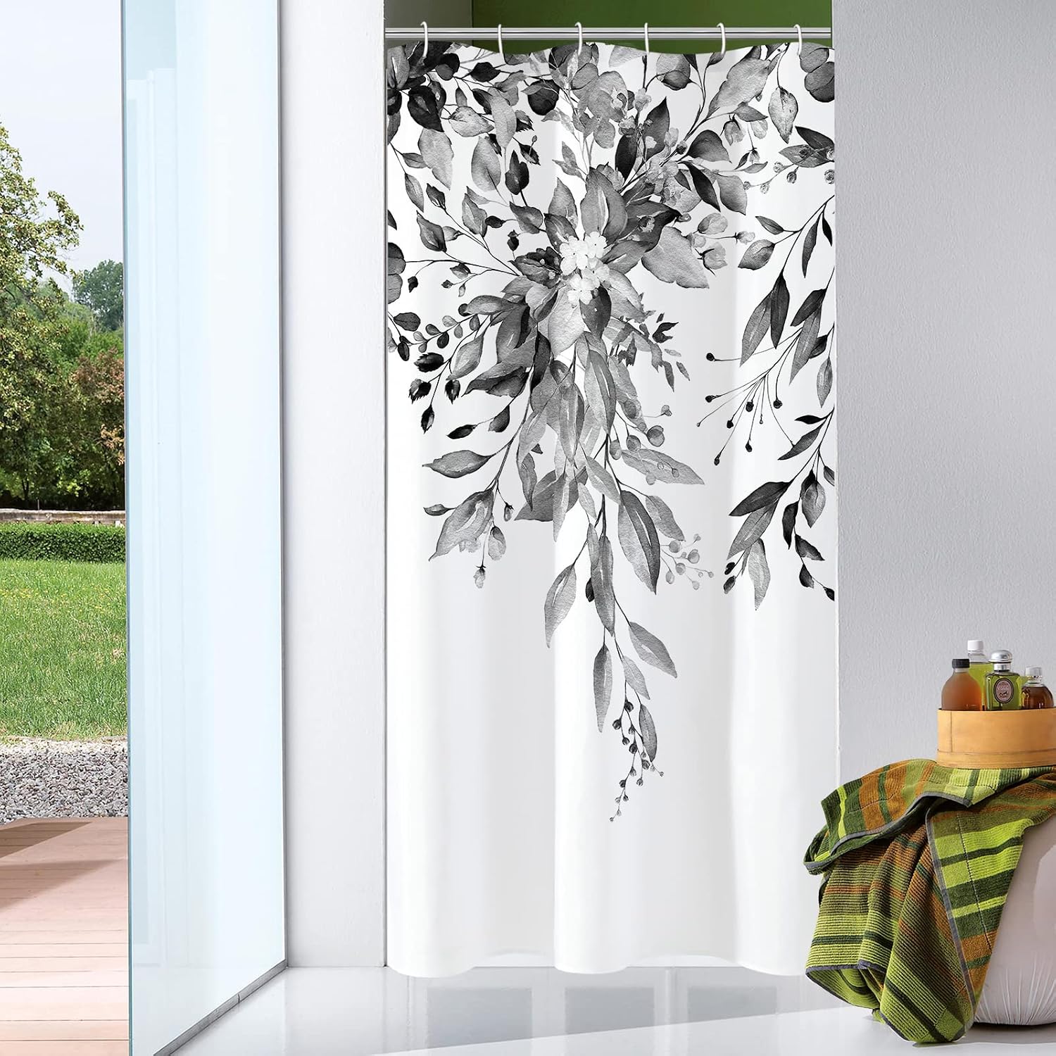 Bathveil Gray Eucalyptus Shower Curtain, Watercolor Plant Floral Design, Gray White, 72 x 72 in