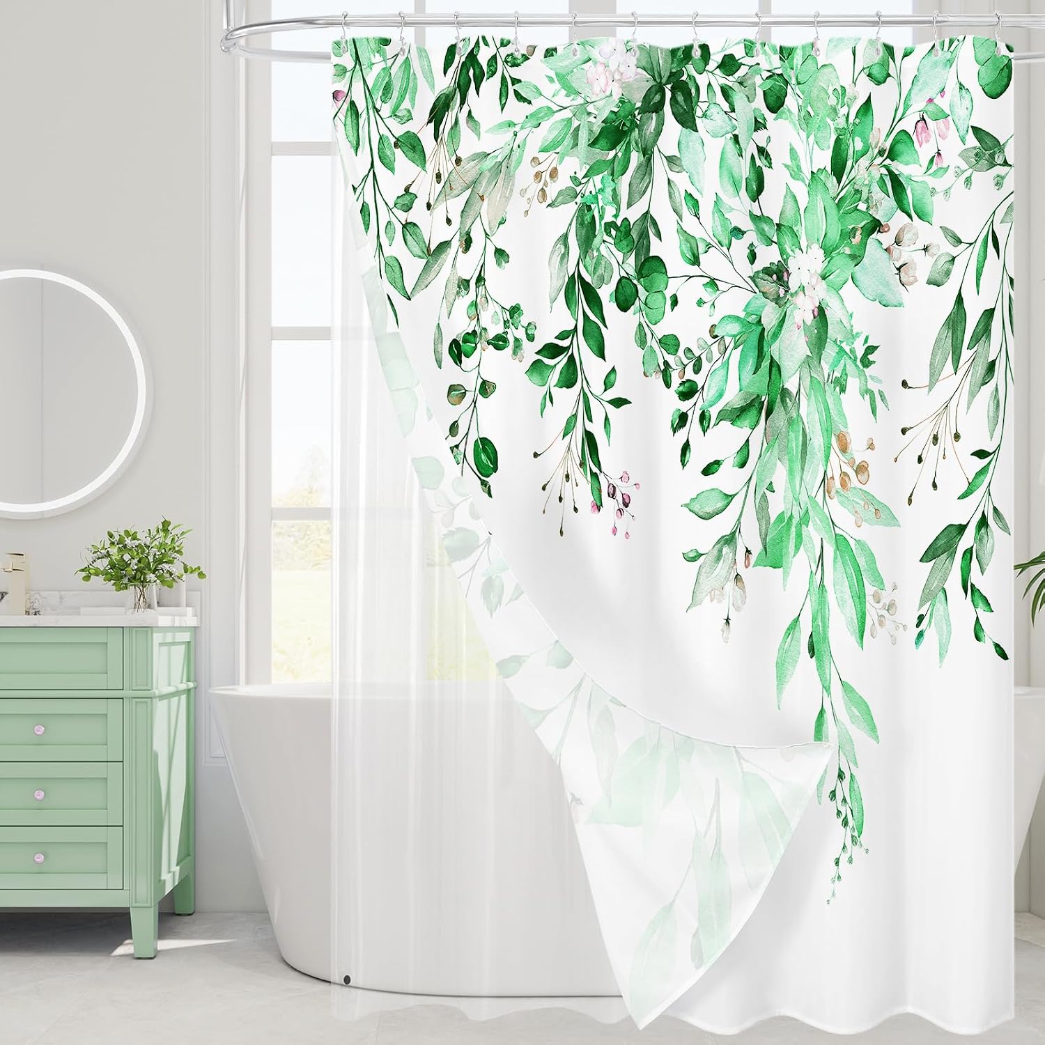Bathveil Gray Eucalyptus Shower Curtain, Watercolor Plant Floral Design, Gray White, 72 x 72 in