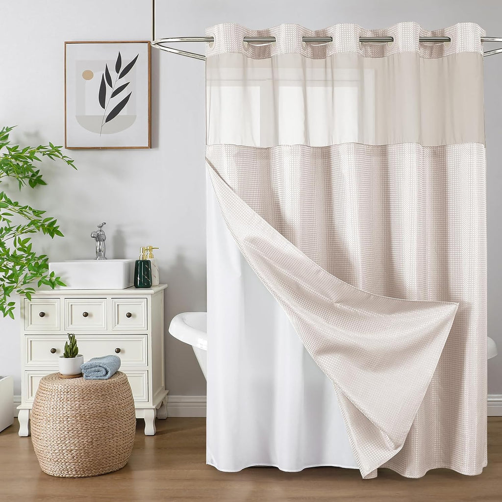 Bathveil No-Hook Shower Curtain Set, Waffle Weave, Mesh Top Window, Waterproof, 72 x 75 in, Sage Green